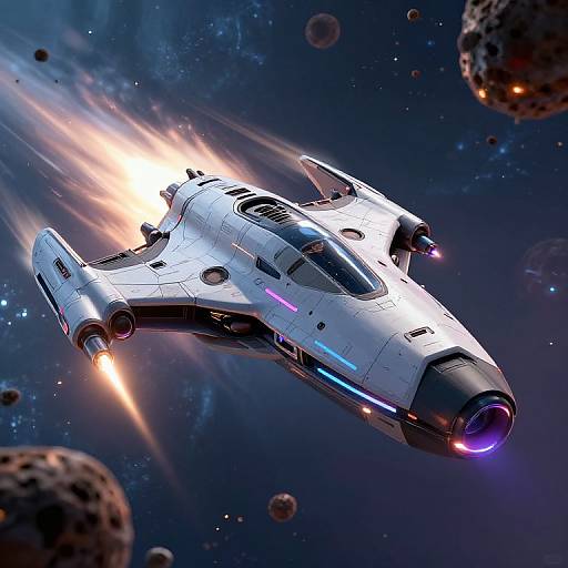 Digital CGI of a sleek, white, futuristic spacecraft with blue and purple lights, flying through a vibrant, star-filled space with asteroids. Bright explosion trails