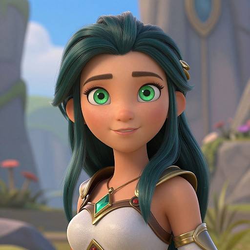 CGI digital rendering of a cute, green-eyed girl with teal hair, wearing a white, armored top with a green gem, smiling in a colorful
