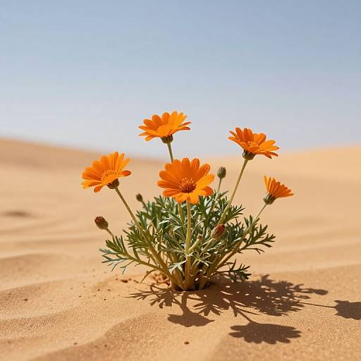 Photograph of bright orange desert flowers with green foliage, standing tall in sunlit sandy dunes under a clear blue sky.