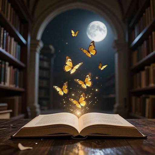 Photograph of an open book on a wooden table, with glowing orange butterflies emerging from the pages under a full moon in a dimly lit library.
