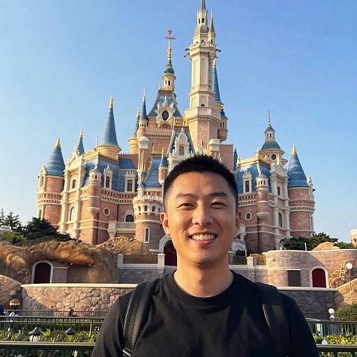 Photograph of smiling Asian man with short black hair, wearing black shirt, standing in front of Disney Castle under bright blue sky.