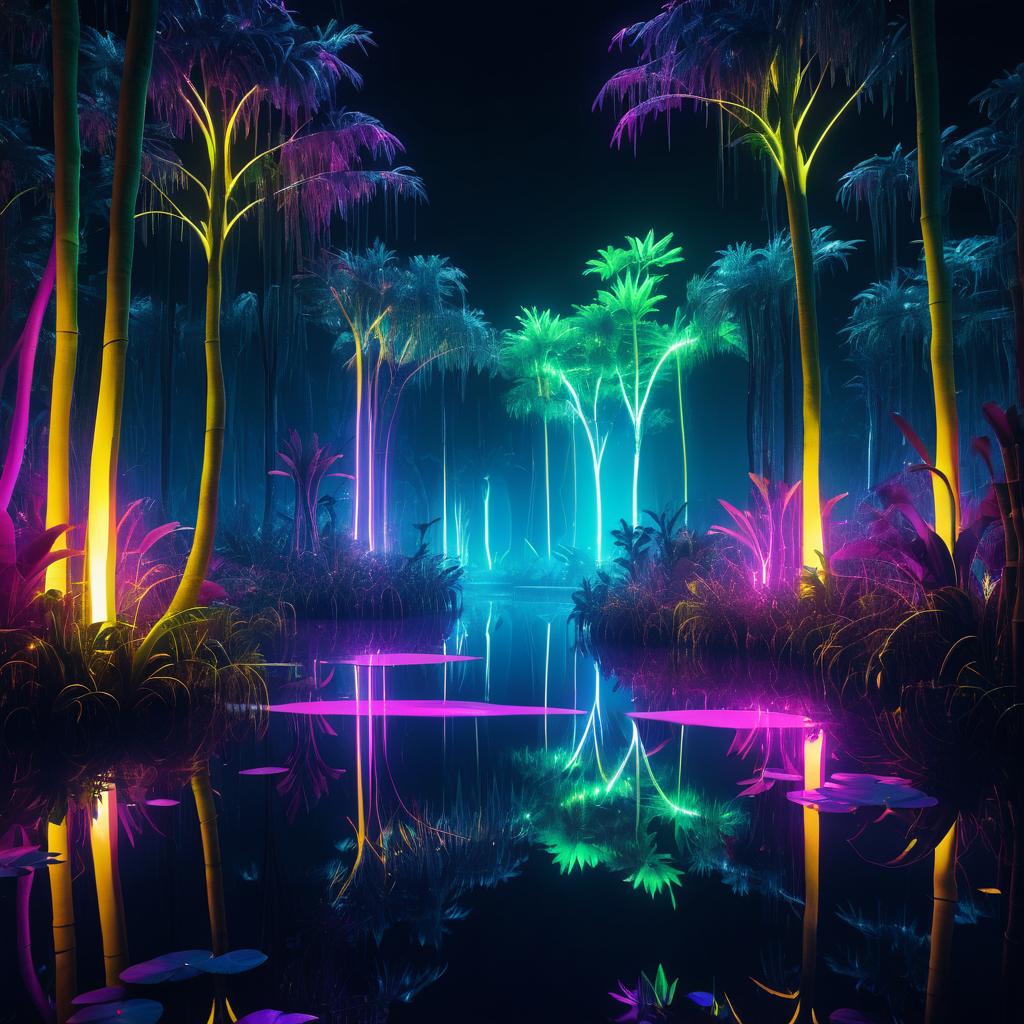 Neon-Lit Wetlands: A Nighttime Rave Scene