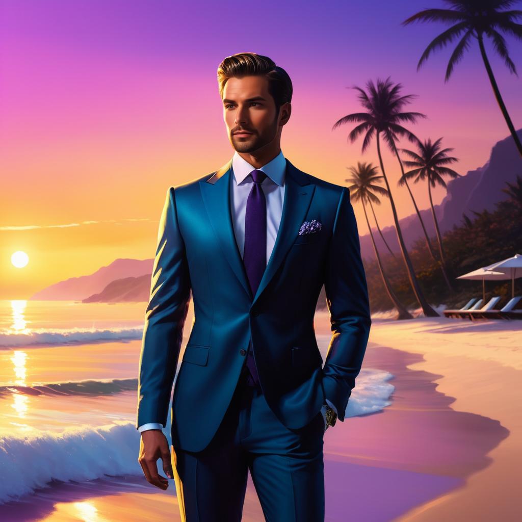 Glamorous Man in Sunset Beach Elegance