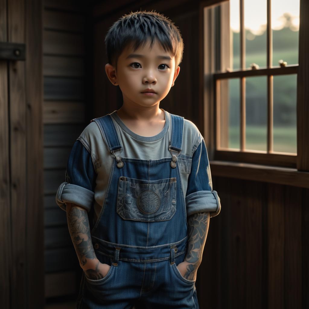 Contemplative Boy in Rustic Farmhouse