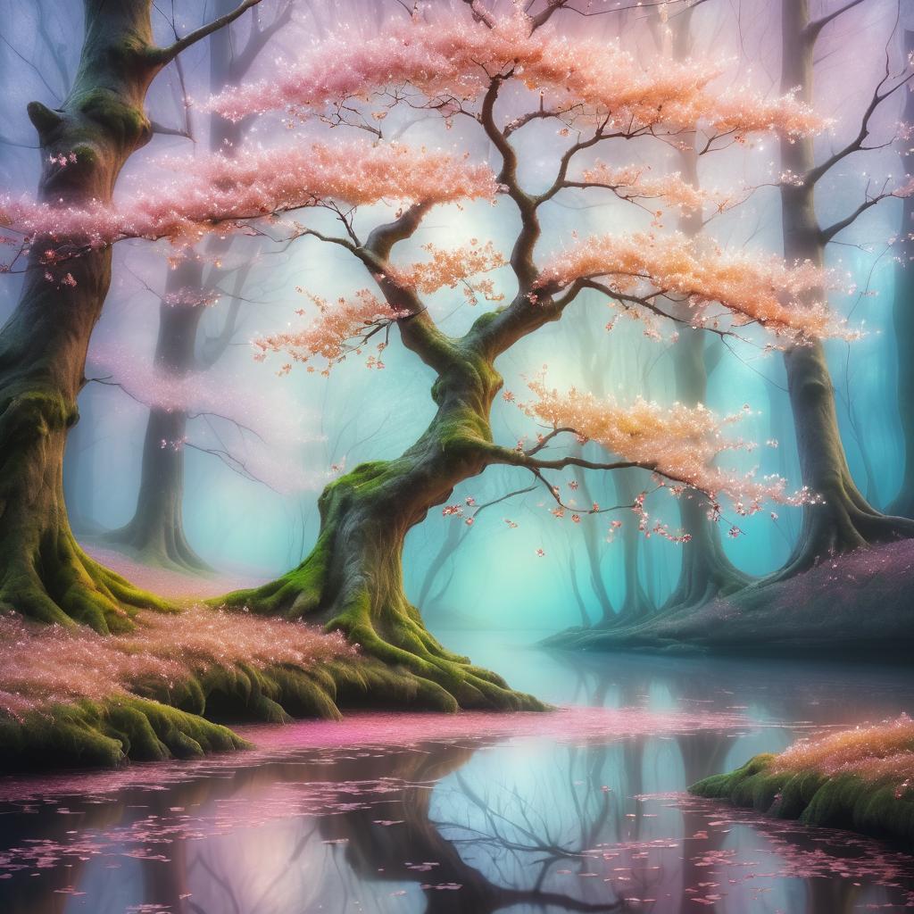 Ethereal Cherry Blossom Tree in Fantasy Forest