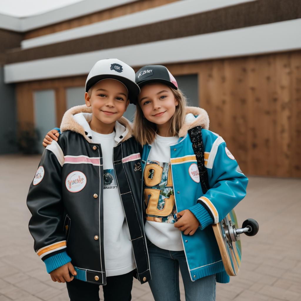 Stylish Siblings with Skateboard Hug