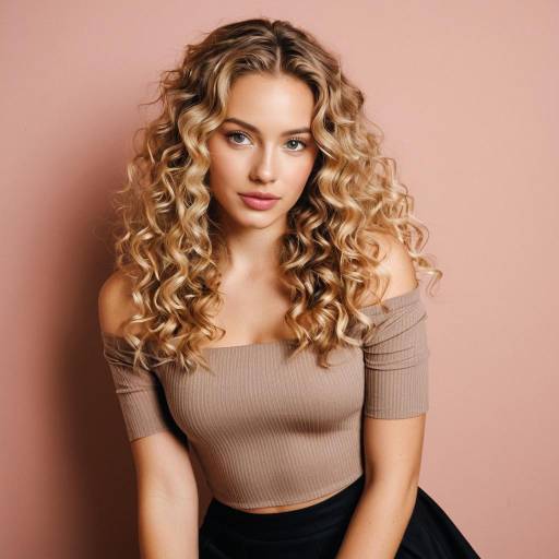 Young Woman with Curly Blonde Hair in Taupe Top