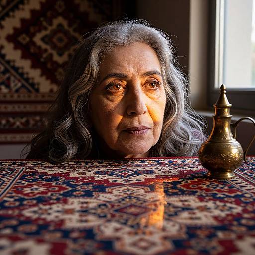 Photograph of an elderly woman with gray hair, warm brown eyes, and soft smile, sitting at a patterned rug table with a brass tea set
