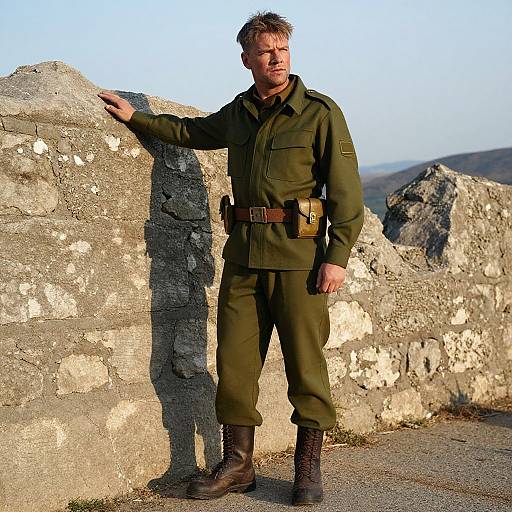 Man in Vintage Military Uniform by Stone Wall