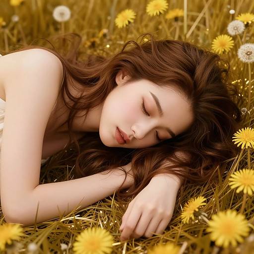 Photograph of a fair-skinned, brown-haired woman with closed eyes, lying in a field of yellow dandelions and white daisies,