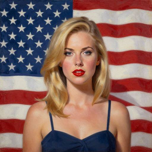 Photorealistic digital painting of a blonde woman with red lipstick, wearing a black spaghetti-strap top, against an American flag background.