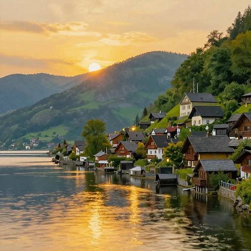 Serene Lakeside Village at Sunset