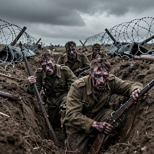 Photograph of three grimy, blood-streaked soldiers in muddy trenches, holding rifles, with barbed wire barriers in the background under a cloudy