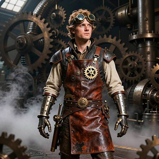 Steampunk Engineer in Gear-Driven Factory