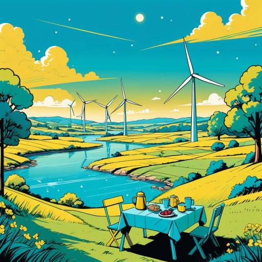 Picnic by River with Wind Turbines
