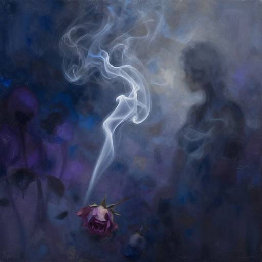 Digital art: A lone, pink rose emits a curling, ethereal white smoke against a dark, misty blue background. Shadowy figure lo