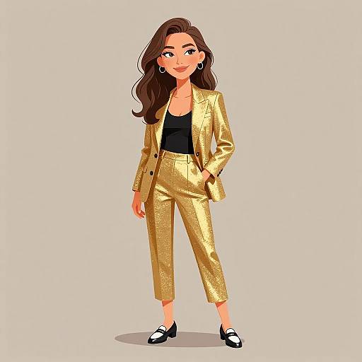 Digital illustration of a confident woman with long brown hair, wearing a gold blazer, gold pants, black top, and black loafers. She stands