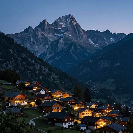 Photograph of a picturesque alpine village at dusk with warm-lit houses, surrounded by dark, rugged mountains and a clear blue sky.