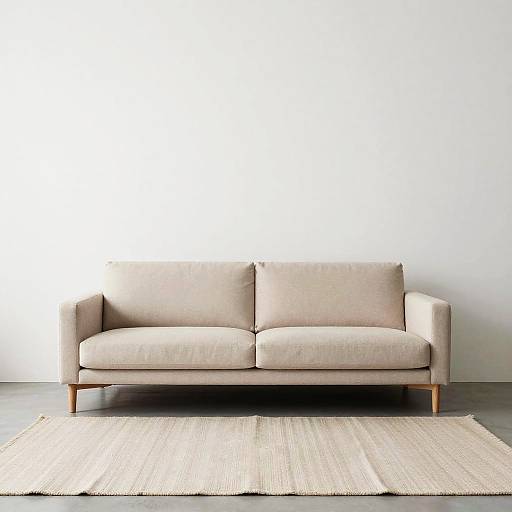 Photograph of a minimalist beige couch with wooden legs, centered on a light beige textured rug, against a plain white wall.