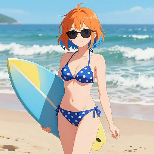 Anime Girl Surfing on Sunny Beach