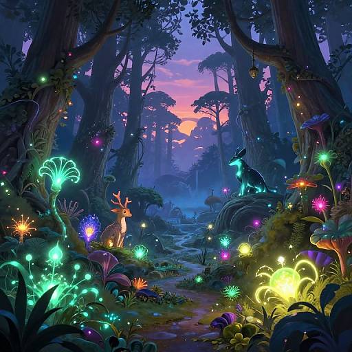 Vibrant digital fantasy forest scene at sunset, featuring glowing mushrooms, colorful fireflies, a deer, and a luminescent wolf amidst towering trees