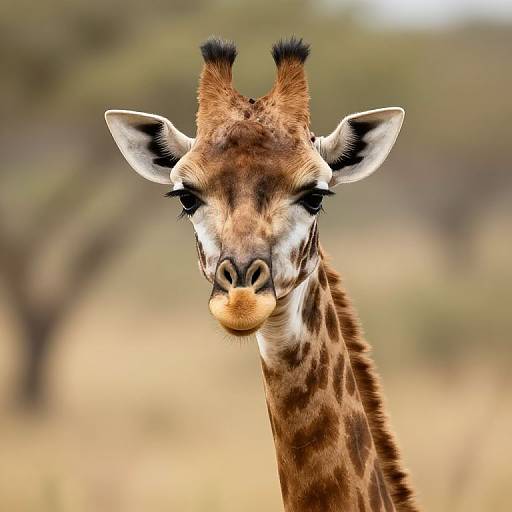 Photograph of a giraffe with light brown fur, white patches, and black-tipped ears, looking directly at the camera in a blurred savanna