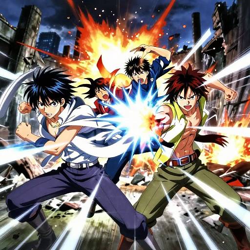 Digital anime art of three spiky-haired warriors in action pose, firing energy blasts, against a dark, ruined cityscape background.
