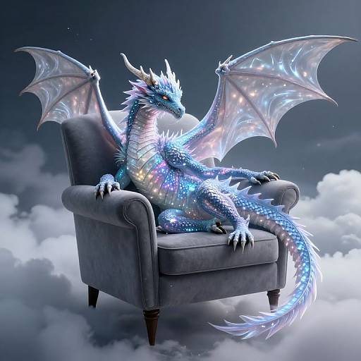 Glowing blue dragon with iridescent scales and translucent wings lounges on a grey velvet armchair amidst fluffy clouds. Digital art.