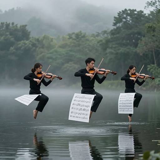 Photograph of three Asian musicians in black outfits, playing violins while suspended mid-air over a misty lake, holding music sheets.