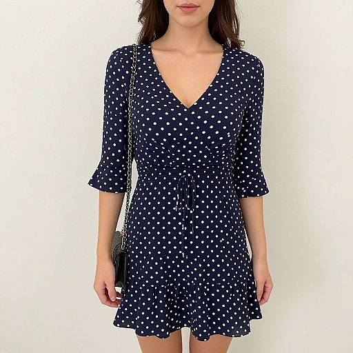 Photograph of a woman wearing a navy blue, V-neck, polka dot dress with three-quarter sleeves, black shoulder bag, against a plain white