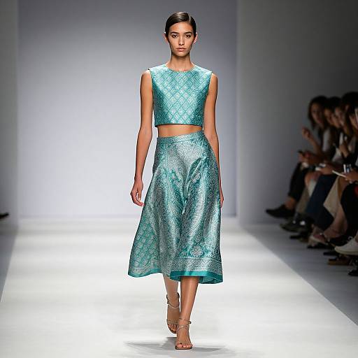 Photograph of a slim Asian woman with straight black hair, wearing a sleeveless, metallic teal crop top and matching A-line skirt, walking on a