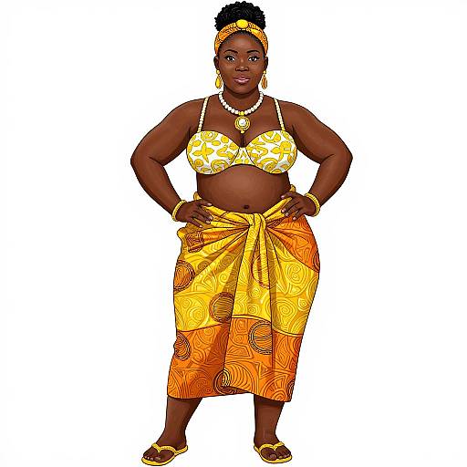 Photograph of a confident, dark-skinned African woman in a yellow and orange patterned bikini top and wrap skirt, with headband, pearl necklace