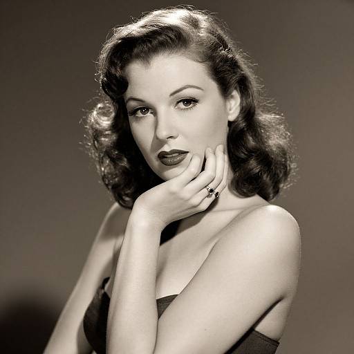 Black-and-white photograph of a glamorous, 1940s-style woman with wavy hair, dark lipstick, and a strapless top, touching her