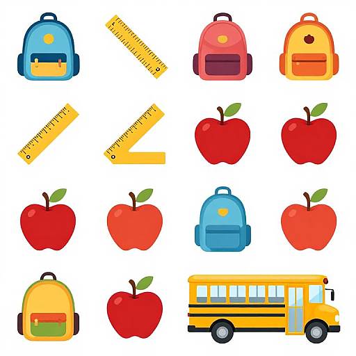 Colorful cartoon illustration of school supplies: blue and red backpacks, yellow and pink backpacks, yellow ruler, red apples, blue and yellow school