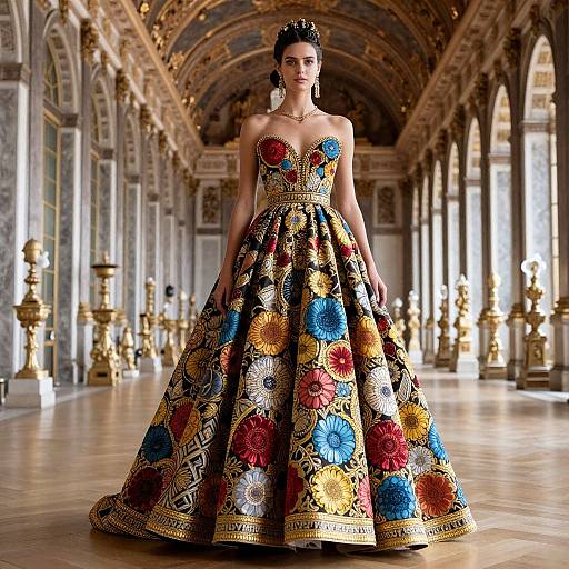Photograph of a woman in an opulent, strapless, multicolored floral-patterned gown, standing in an ornate, grand hall with