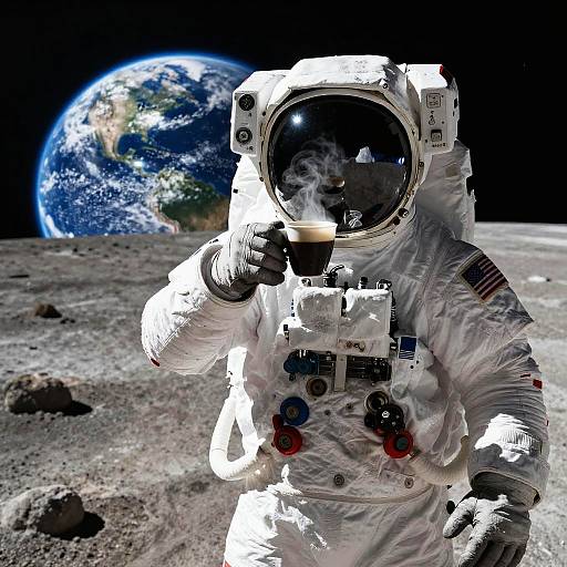 Photorealistic CGI of an astronaut in a white spacesuit sipping a coffee on the moon, with Earth in the black space background.