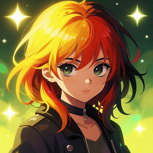 Digital anime-style portrait of a young woman with vibrant orange and red hair, green eyes, black choker, and black jacket, surrounded by glowing yellow