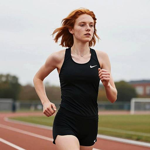 Photograph of a red-haired woman running on a track, wearing a black Nike tank top and shorts, with a focused expression.