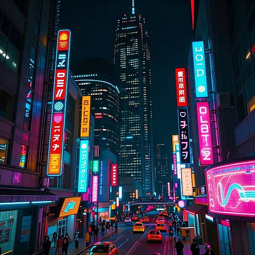 Vibrant neon-lit urban street at night in a bustling city, featuring colorful Japanese signs, illuminated skyscrapers, and crowded sidewalks with cars