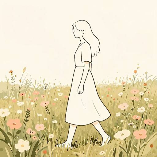 Digital drawing of a silhouette woman in a simple dress walking through a colorful, blooming meadow with various flowers.