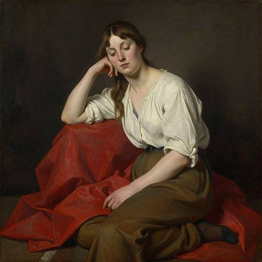 Baroque-style painting of a pale-skinned, brown-haired woman with closed eyes, wearing a white blouse and brown skirt, seated on a red draped