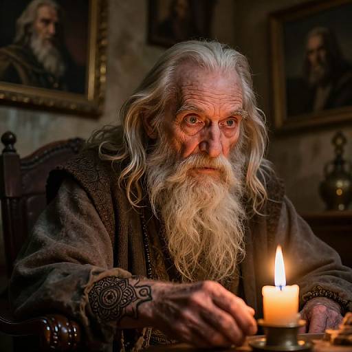 Photograph of an elderly man with a long white beard, intense expression, wearing medieval clothing, sitting by a lit candle in a dimly lit,