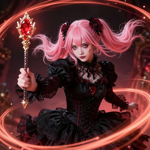 Digital art of a pink-haired gothic girl with black dress and rose hairpins, holding a red gem-encrusted staff, surrounded by red