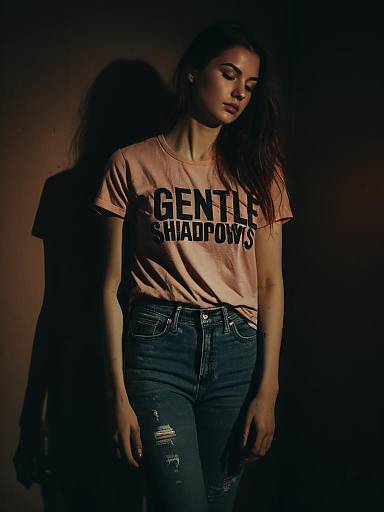 Woman in Pink Graphic T-Shirt and Distressed Jeans
