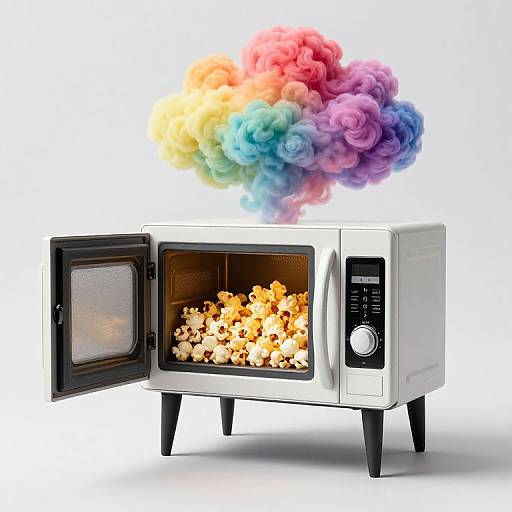 Photograph of a modern white microwave with black trim, open door revealing popcorn, emitting a colorful, fluffy smoke cloud.