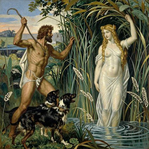 Mythological painting: Muscular, bearded man with staff, white loincloth, and curly hair stands beside a serene, nude, blonde