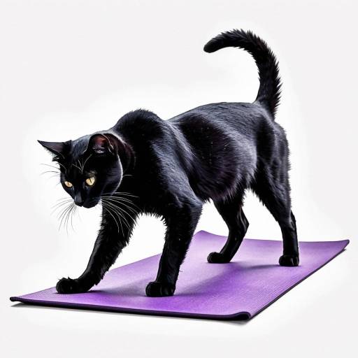 Black Cat Stretching on Purple Yoga Mat