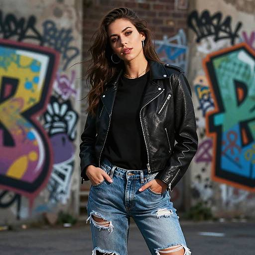 Photograph of a confident young woman with long brown hair, wearing a black leather jacket, black top, and distressed blue jeans, standing in front of