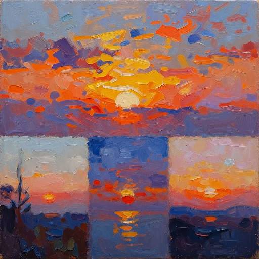 Impressionist-style painting of a vibrant sunset with bold orange, red, and yellow hues, reflected in a blue water surface.