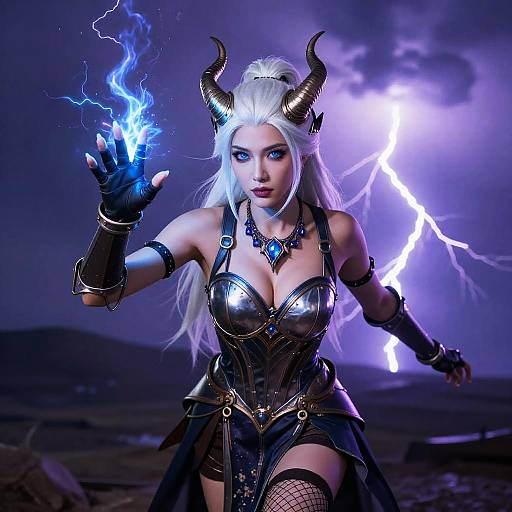Digital artwork of a white-haired, blue-eyed demoness with horns, metallic armor, and fishnet stockings, summoning blue lightning amidst a stormy